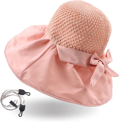Women Wide Brim Hat Hollow Breathable Summer Bucket Hat Bow Lady’S Sun Cap for Travel Apparel & Accessories > Clothing Accessories > Hats Zsedrut Pink 2  