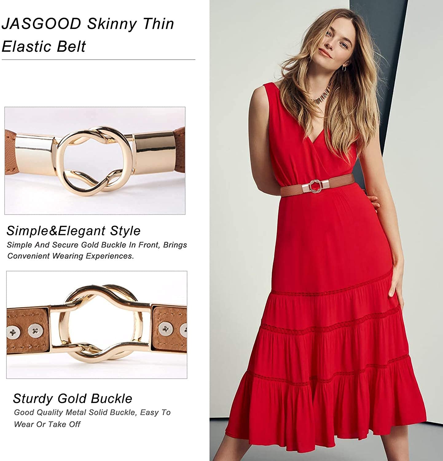 JASGOOD 2 Pack 3 Pack Women Retro Elastic Stretchy Metal Buckle Skinny Waist Belt 1 Inch Wide Apparel & Accessories > Clothing Accessories > Belts KYLIE MAX   