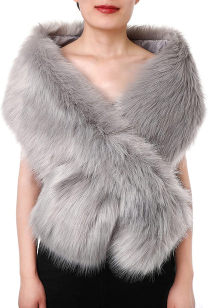 Dikoaina Women'S Winter Fake Faux Fur Scarf Wrap Collar Shawl Shrug Apparel & Accessories > Clothing Accessories > Scarves & Shawls Dikoaina Light Grey 48"/125cm 