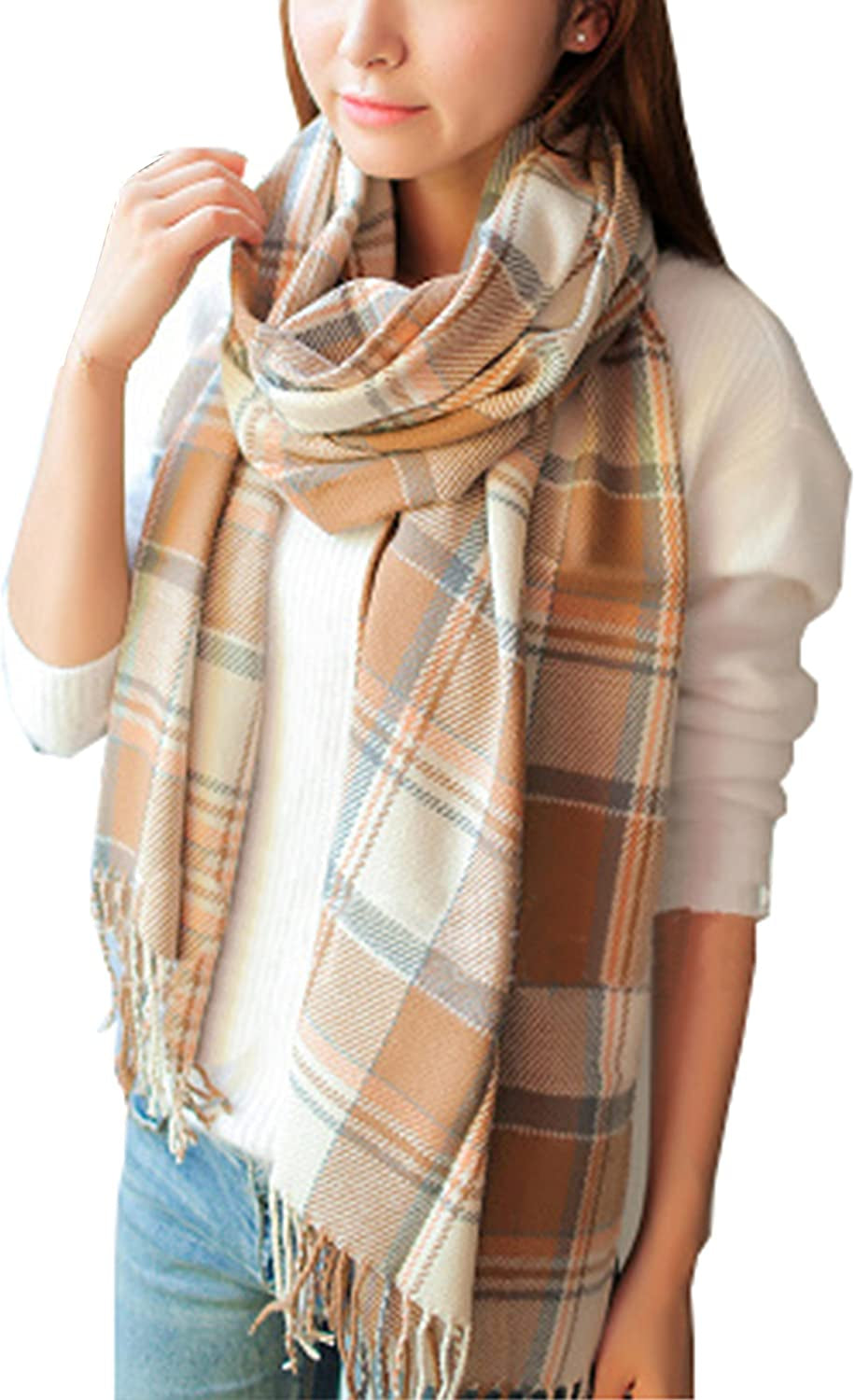 Wander Agio Women'S Fashion Long Shawl Big Grid Winter Warm Lattice Large Scarf Apparel & Accessories > Clothing Accessories > Scarves & Shawls Wander Agio Beige  