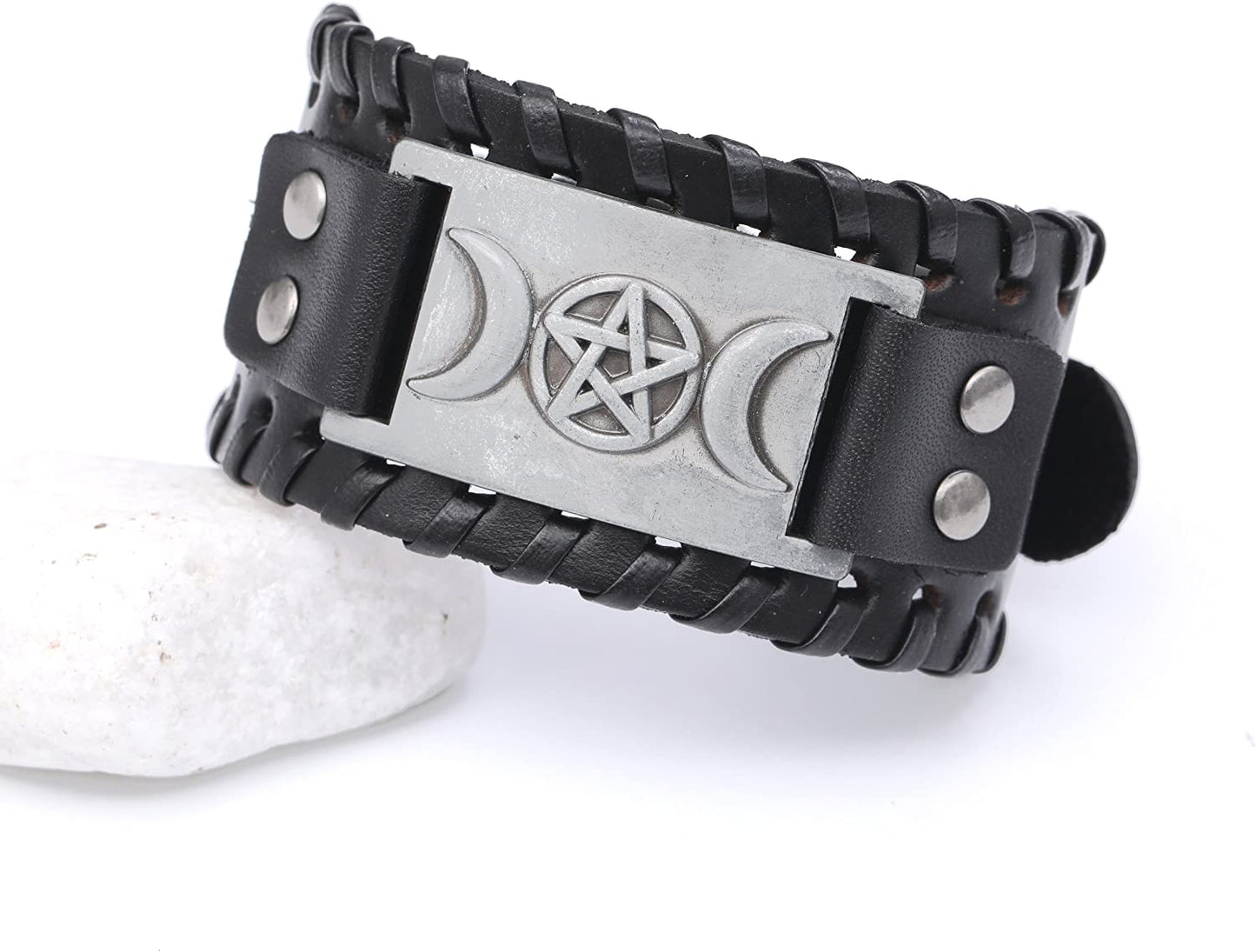 VASSAGO Vintage Pagan Triple Moon Goddess Pentacle Pentagram Metal Amulet Cuff Leather Bracelet Apparel & Accessories > Jewelry > Bracelets YiYou   