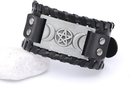 VASSAGO Vintage Pagan Triple Moon Goddess Pentacle Pentagram Metal Amulet Cuff Leather Bracelet Apparel & Accessories > Jewelry > Bracelets YiYou   