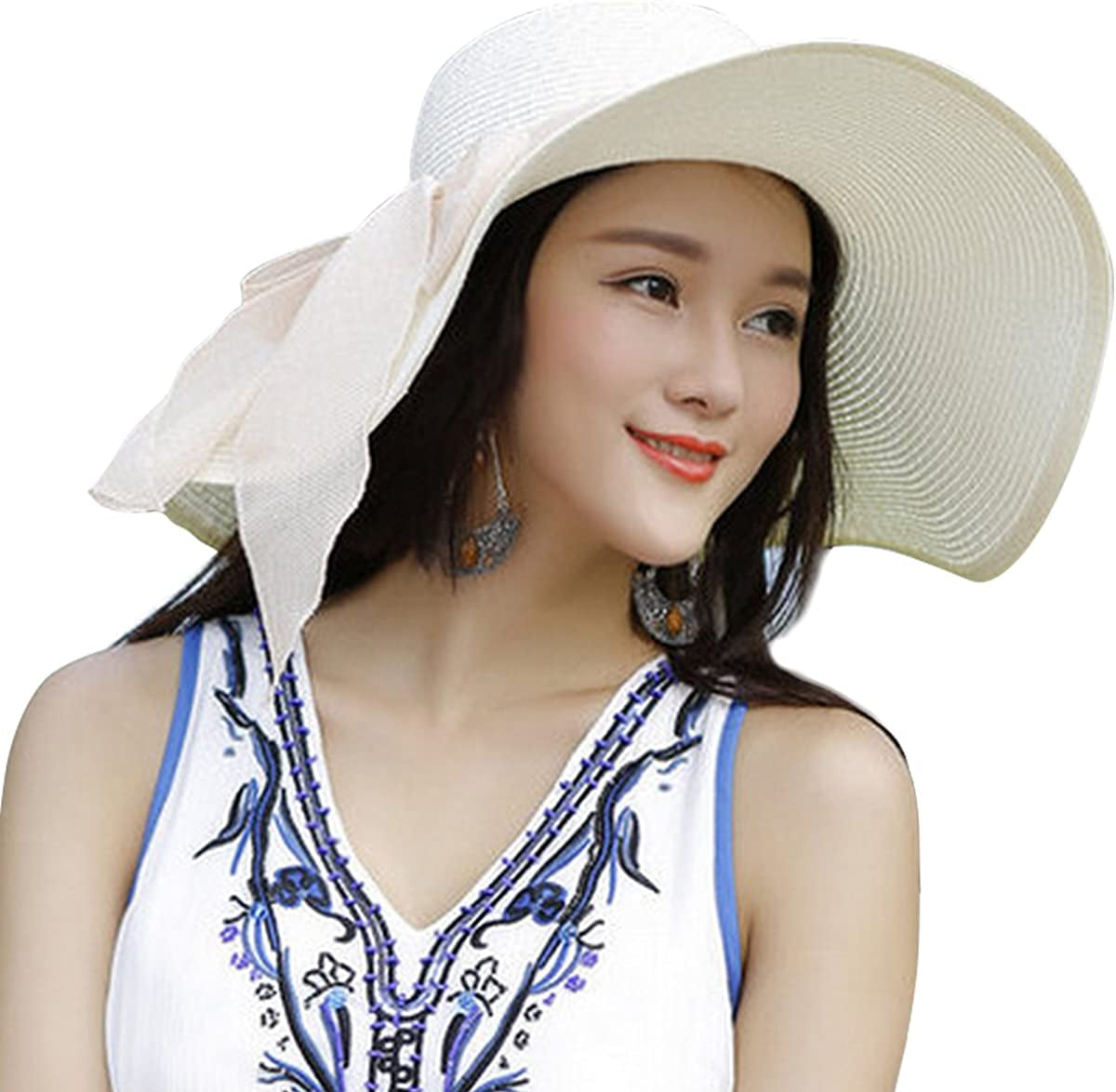 Lanzom Womens 5.5 Inches Big Bowknot Straw Hat Large Floppy Foldable Roll up Beach Cap Sun Hat UPF 50+ Apparel & Accessories > Clothing Accessories > Hats Lanzom Ivory White One Size 