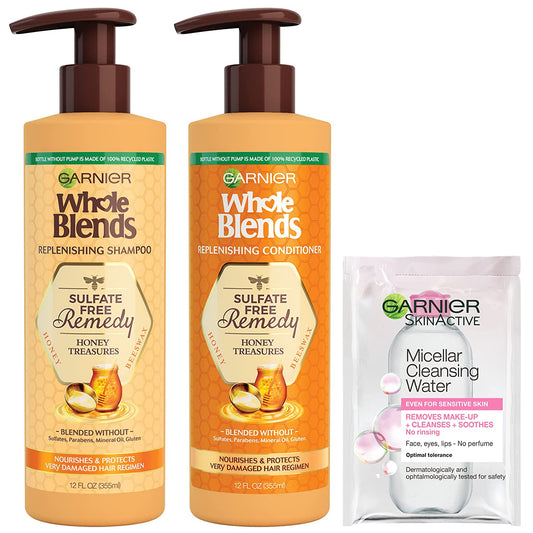 Garnier Haircare Whole Blends Sulfate Free Shampoo and Conditioner Set, Honey Treasures Replenishing, Nourishes, and Protects Very Damaged Hair, with Mask Sample (Package May Vary), 12 Fl Oz Health & Beauty > Personal Care > Hair Care Garnier   