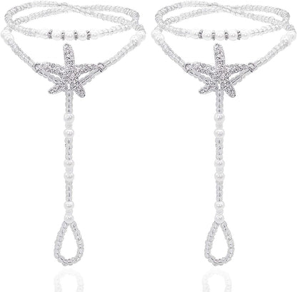 Bellady 2Pcs Pearl Ankle Chain Barefoot Sandals with Starfish Beach Wedding Foot Jewelry Apparel & Accessories > Jewelry > Anklets Bellady White  
