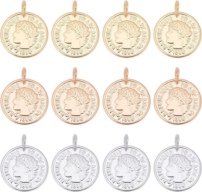 12Pcs 3 Colors Stainless Steel Flat round Coin Pendants Golden Republique Francaise 1808 Charms Large Hole Pendants for Necklace Bracelet Jewelry Making 3 Colors-goddess Statue-12pcs