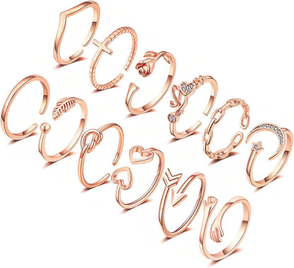 12PCS Adjustable Knuckle Rings for Women 14K Gold Plated Silver Simple Stacking Rings Pack Open Knot Star Moon Butterfly Dainty Thumb Ring Set for Teen Girls 2-Rose gold color