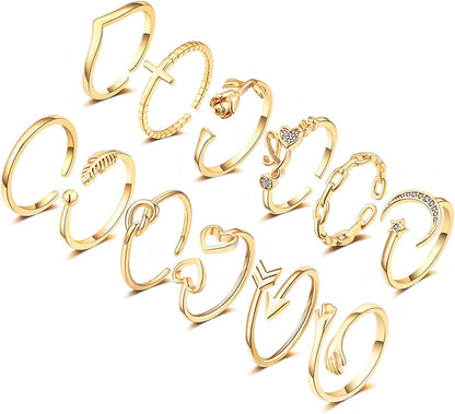 12PCS Adjustable Knuckle Rings for Women 14K Gold Plated Silver Simple Stacking Rings Pack Open Knot Star Moon Butterfly Dainty Thumb Ring Set for Teen Girls 3-Gold color
