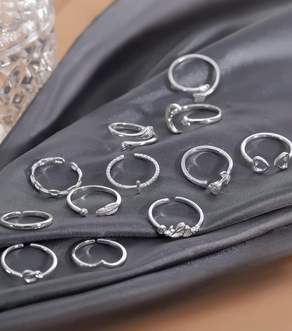 12PCS Adjustable Knuckle Rings for Women 14K Gold Plated Silver Simple Stacking Rings Pack Open Knot Star Moon Butterfly Dainty Thumb Ring Set for Teen Girls