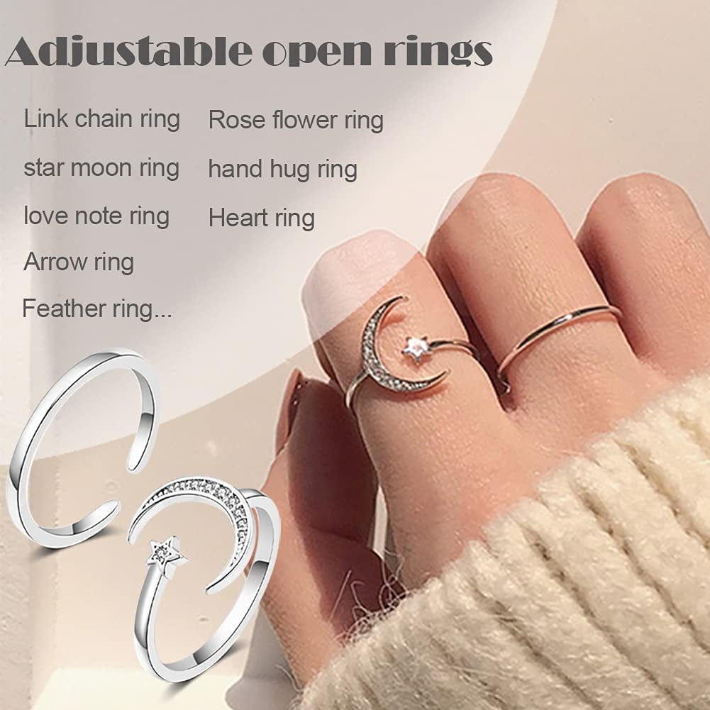 12PCS Adjustable Knuckle Rings for Women 14K Gold Plated Silver Simple Stacking Rings Pack Open Knot Star Moon Butterfly Dainty Thumb Ring Set for Teen Girls