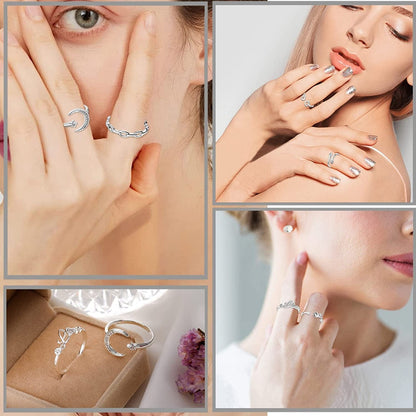 12PCS Adjustable Knuckle Rings for Women 14K Gold Plated Silver Simple Stacking Rings Pack Open Knot Star Moon Butterfly Dainty Thumb Ring Set for Teen Girls
