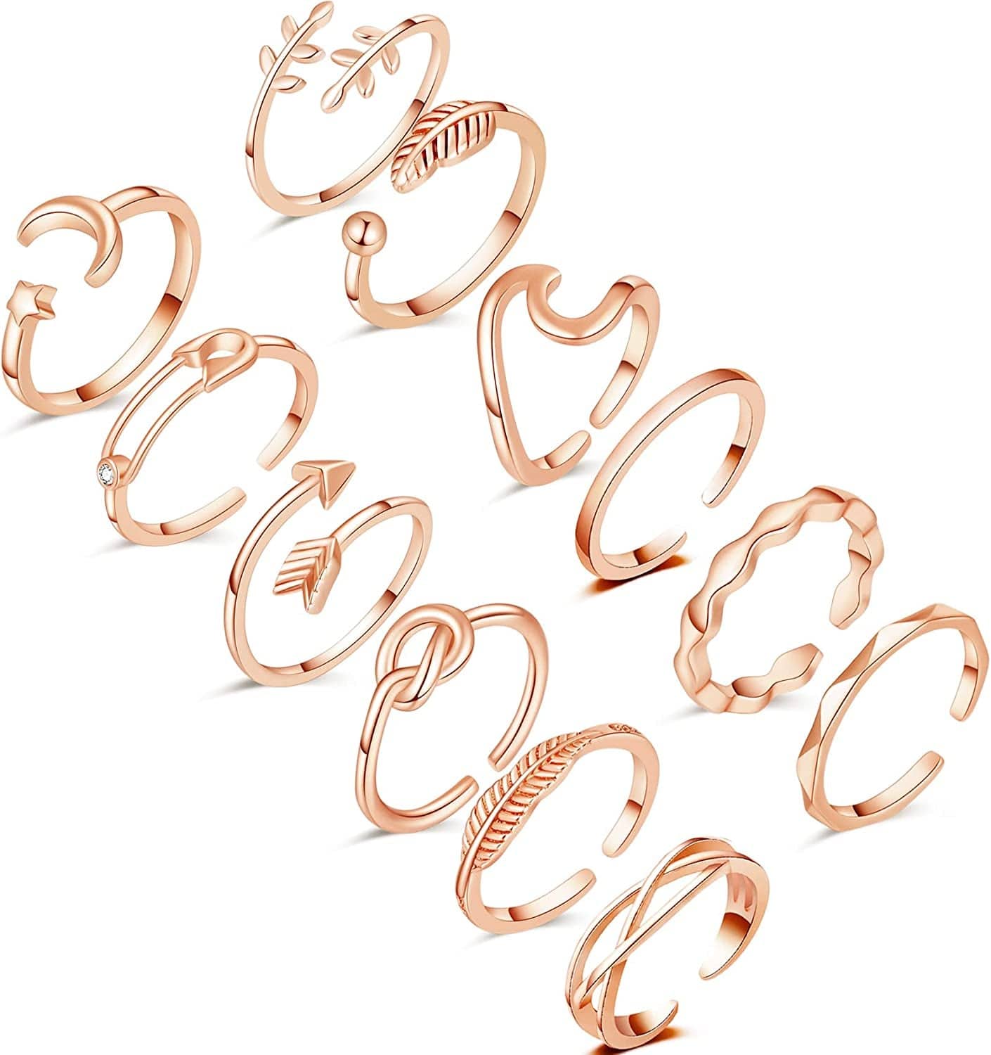 12PCS Adjustable Knuckle Rings for Women, 14K Simple Gold Stacking Rings Pack, Open Knot Wave Star Moon Dainty Thumb Ring, Cute Silver Rings Set for Teen Girls 12PCS Rose Gold