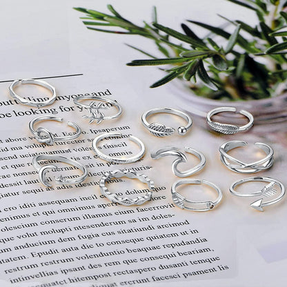 12PCS Adjustable Knuckle Rings for Women, 14K Simple Gold Stacking Rings Pack, Open Knot Wave Star Moon Dainty Thumb Ring, Cute Silver Rings Set for Teen Girls