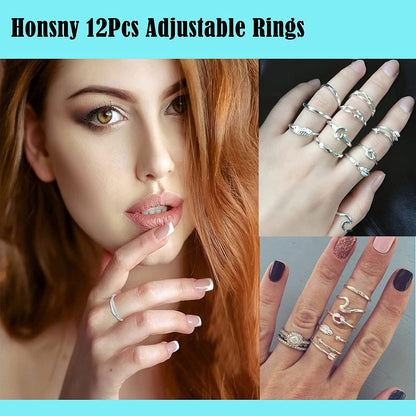 12PCS Adjustable Knuckle Rings for Women, 14K Simple Gold Stacking Rings Pack, Open Knot Wave Star Moon Dainty Thumb Ring, Cute Silver Rings Set for Teen Girls
