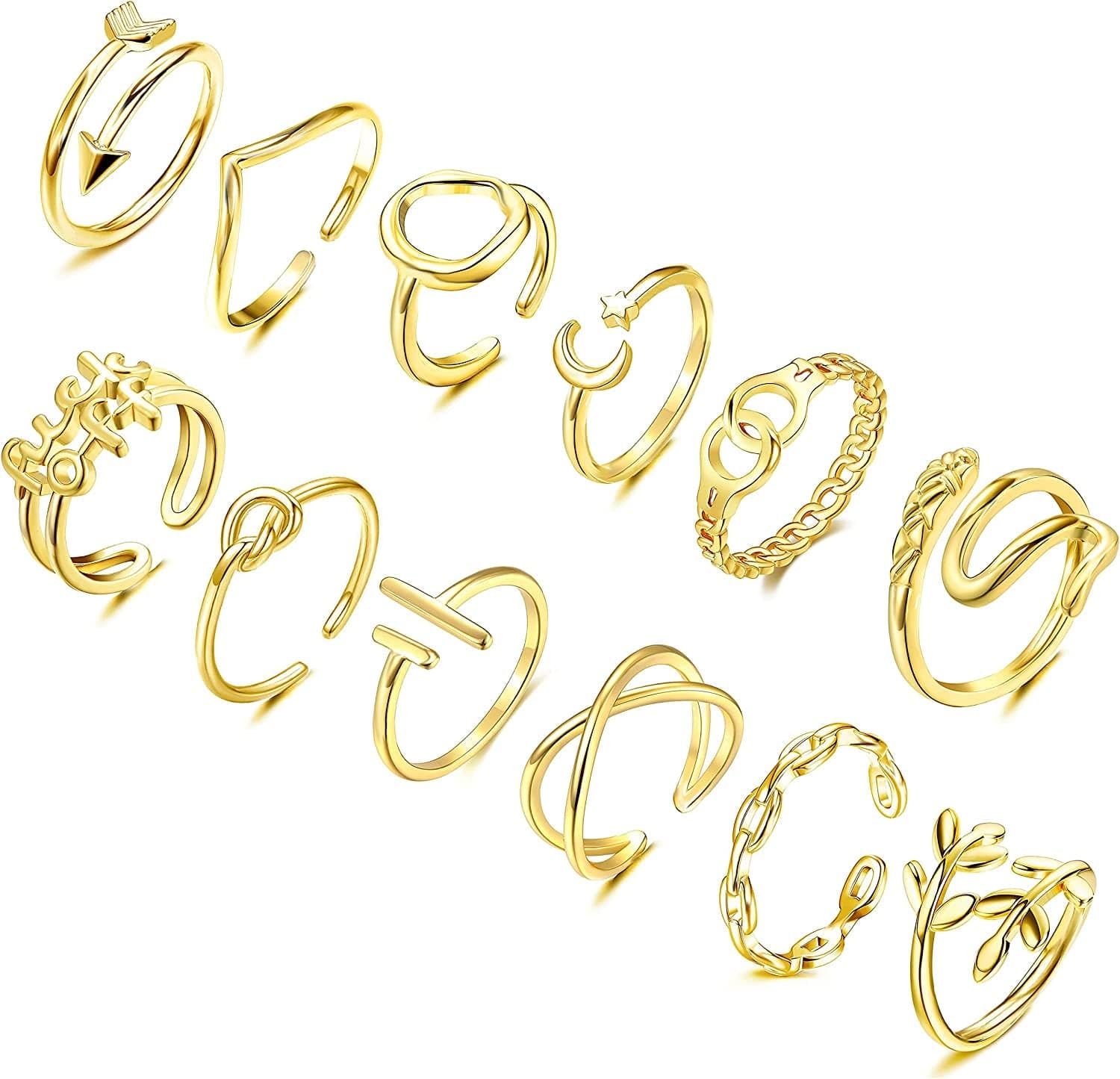 12PCS Adjustable Stackable Thumb Open Rings Set for Women 14K Gold Plated Knuckle Stacking Rings Set Boho Vintage Finger Rings Gold