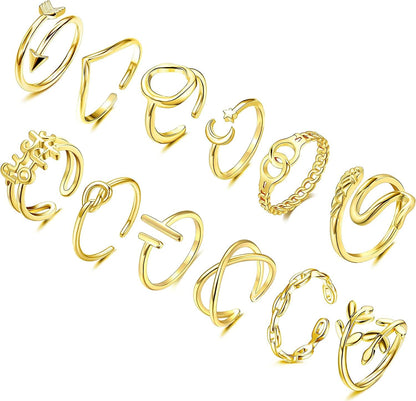 12PCS Adjustable Stackable Thumb Open Rings Set for Women 14K Gold Plated Knuckle Stacking Rings Set Boho Vintage Finger Rings Gold