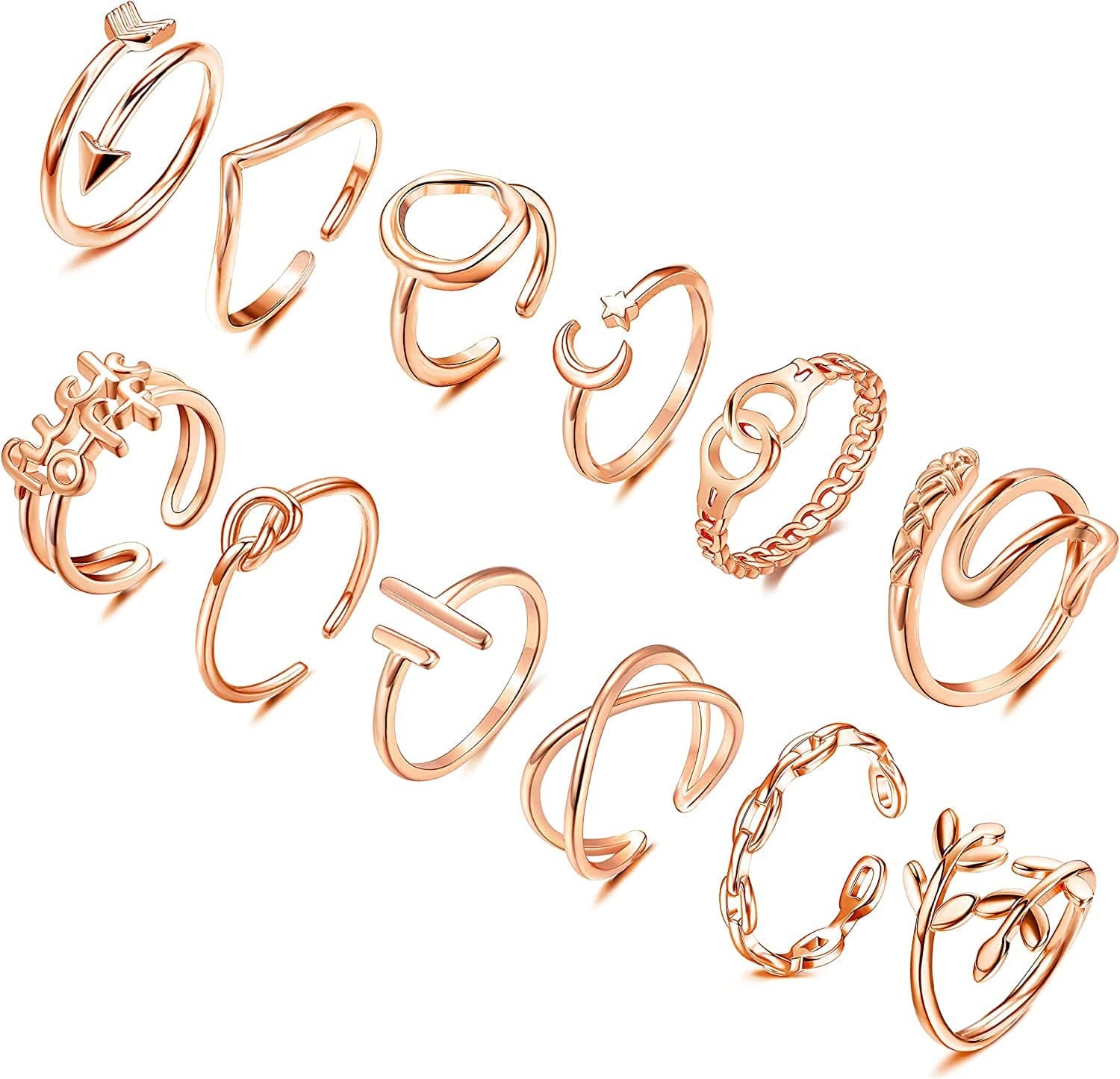12PCS Adjustable Stackable Thumb Open Rings Set for Women 14K Gold Plated Knuckle Stacking Rings Set Boho Vintage Finger Rings Rose Gold