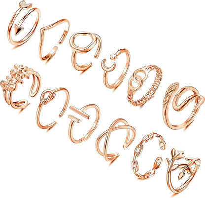 12PCS Adjustable Stackable Thumb Open Rings Set for Women 14K Gold Plated Knuckle Stacking Rings Set Boho Vintage Finger Rings Rose Gold