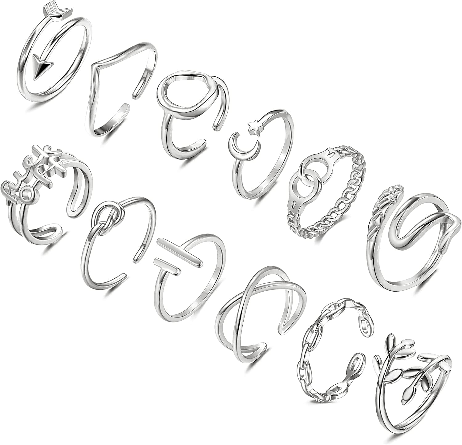 12PCS Adjustable Stackable Thumb Open Rings Set for Women 14K Gold Plated Knuckle Stacking Rings Set Boho Vintage Finger Rings Silver