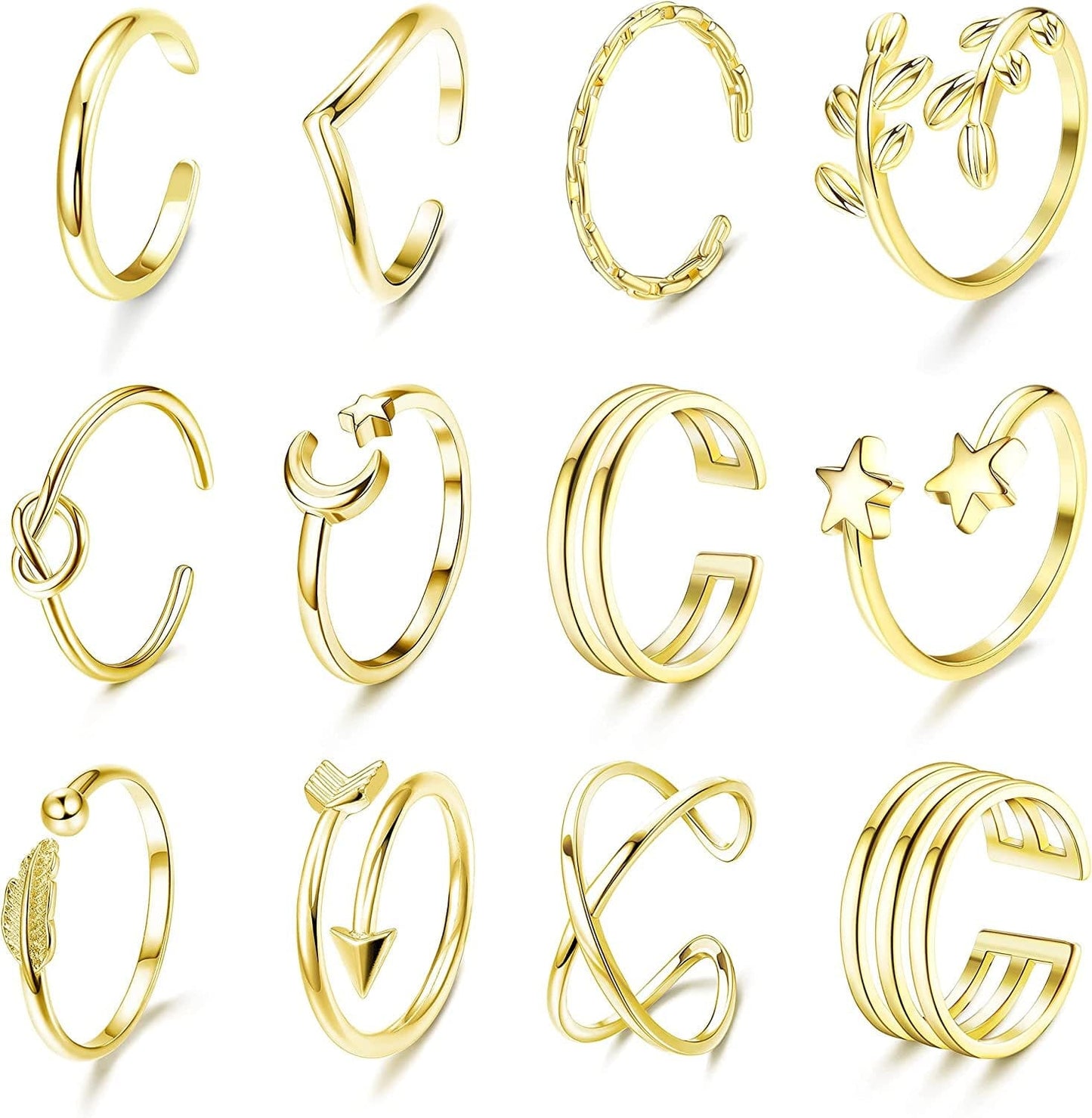 12Pcs Arrow Knot Wave Rings for Women Open Rings Set Adjustable Stackable Thumb Open Rings Set Gold Tone
