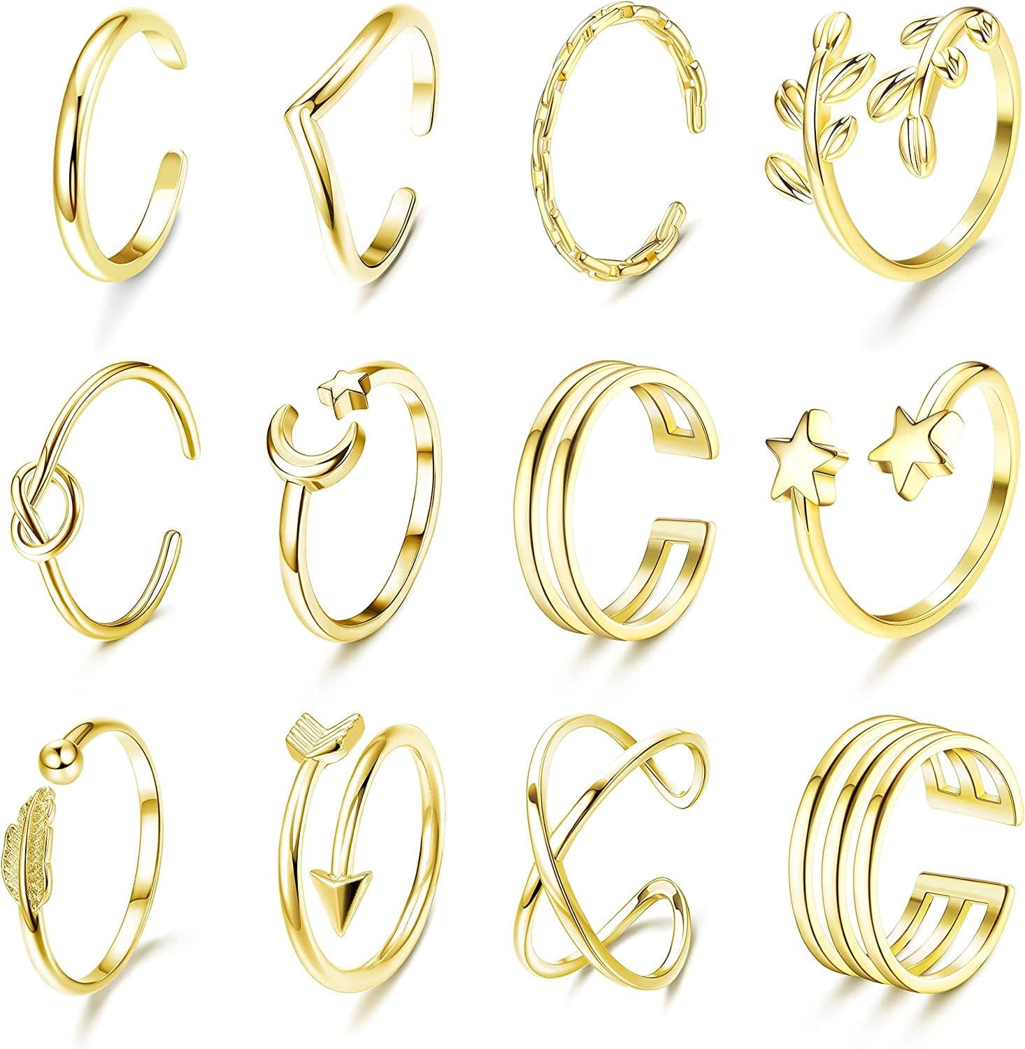12Pcs Arrow Knot Wave Rings for Women Open Rings Set Adjustable Stackable Thumb Open Rings Set Gold Tone