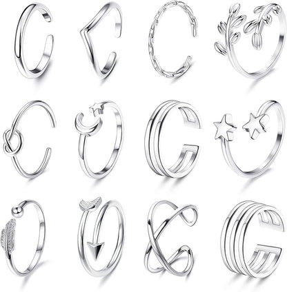 12Pcs Arrow Knot Wave Rings for Women Open Rings Set Adjustable Stackable Thumb Open Rings Set Silver Tone