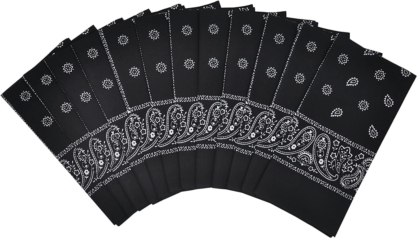 12Pcs Bandana 100% Cotton Custom Fashion Paisley Design Multifunctional Outdoor Square Handkerchief Apparel & Accessories > Clothing Accessories > Bandanas & Headties Vamqor Black  