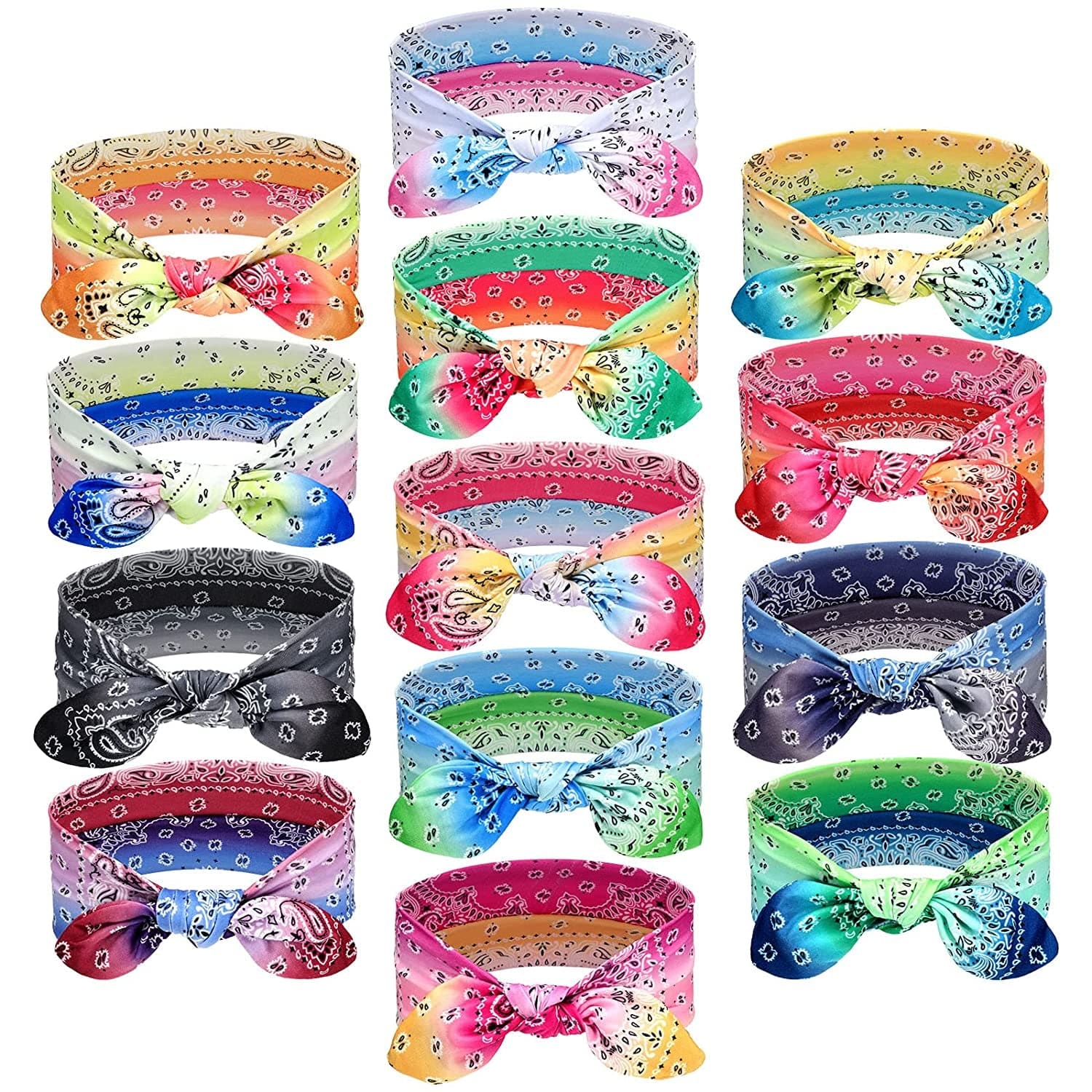 13 Pieces Bandana Headband for Women Paisley Hair Bandanas Boho Bow Headbands Elastic Knot Rabbit Ear Head Wrap Cute Hair Accessories for Women Girls 7.87X2.75 Inch (Chic Color) Apparel & Accessories > Clothing Accessories > Bandanas & Headties WILLBOND Gradient Color  