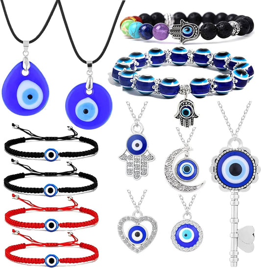 13 Pieces Evil Eye Necklace Pendant Bracelets Set for Women Men Turkish Lucky Blue Eyes Amulet Leather Rope Evil Eyes Bracelets Jewelry Set A: 13pcs