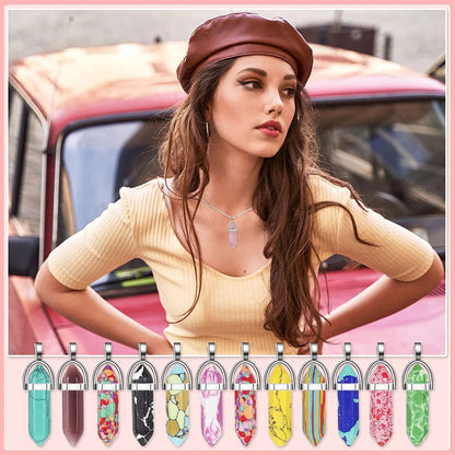 130 Pcs Crystal Pendants Bulk Hexagonal Natural Gemstone Pendants Necklace Chakra Quartz Bullet Shape Charm Bag for Jewelry Making Christmas Gift