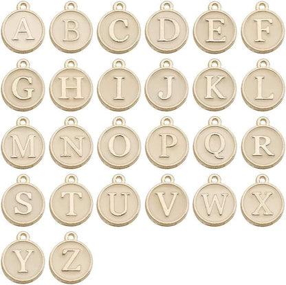 130 Pieces Mixed 5 Color Letter Beads Enamel Metal Letter Charms Double Sided Initial Pendant A-Z Alphabet Charm for Necklace Bracelet Jewelry Making HM504 Champagne