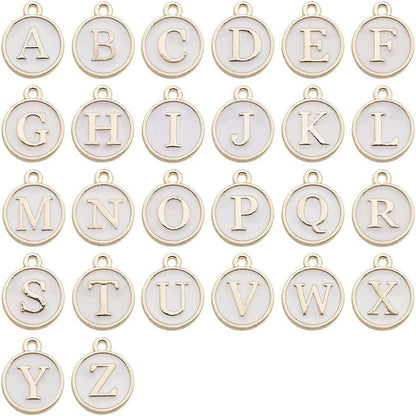 130 Pieces Mixed 5 Color Letter Beads Enamel Metal Letter Charms Double Sided Initial Pendant A-Z Alphabet Charm for Necklace Bracelet Jewelry Making HM504 White