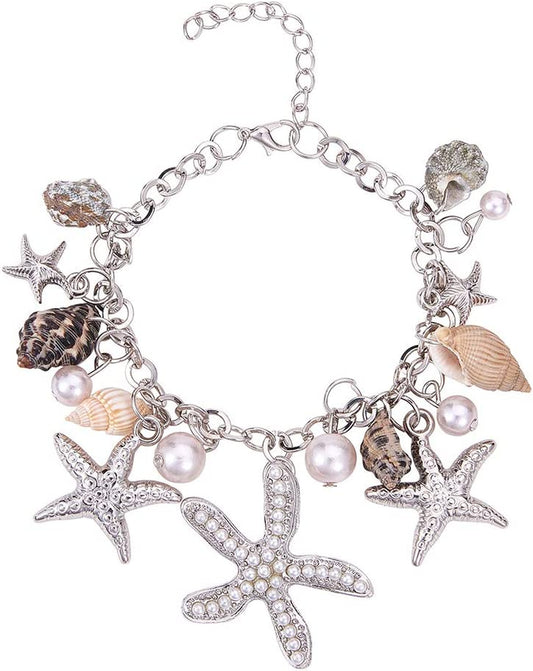 PH Pandahall Starfish Shell Anklet Bracelets Conch Starfish Faux Pearl Anklet Bracelet Charm Women Bohemian Adjustable Shell Bracelet Mermaid Costume Jewelry for Women Silver(7” with 2” Extend Chain) Apparel & Accessories > Jewelry > Anklets PH PandaHall Silver Bracelet  