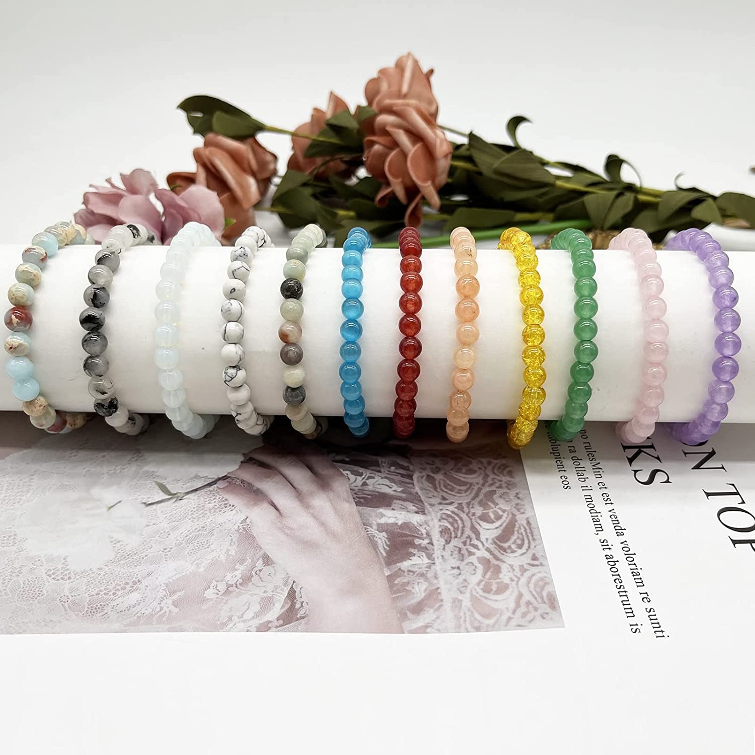 Svovin 12Pcs Gemstone 6Mm Semi Precious round Beaded Bracelet Set for Women Men Girl Healing Crystal Stretch Energy Stone Bead Bracelets Jewelry Apparel & Accessories > Jewelry > Bracelets Svovin   