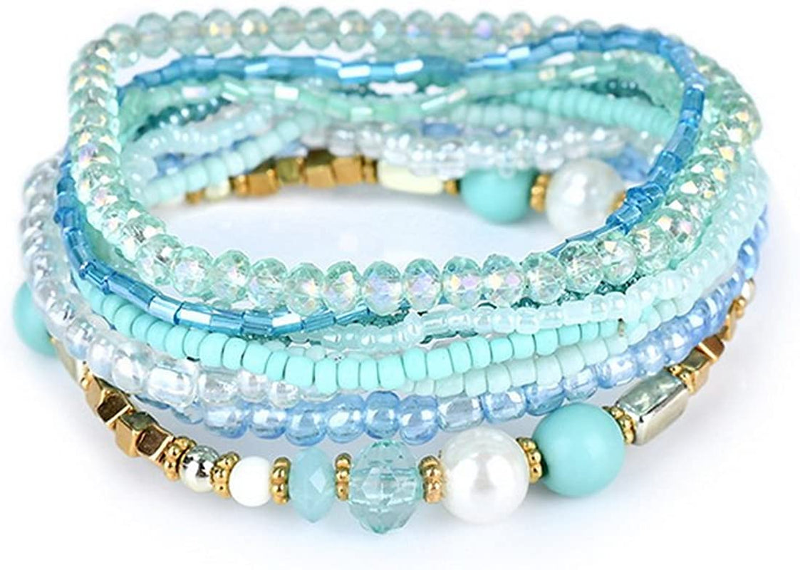 Mengpa Stackable Beaded Bracelets for Women Girls Bohemian Layering Strand Statement Jewelry Apparel & Accessories > Jewelry > Bracelets MengPa Blue  