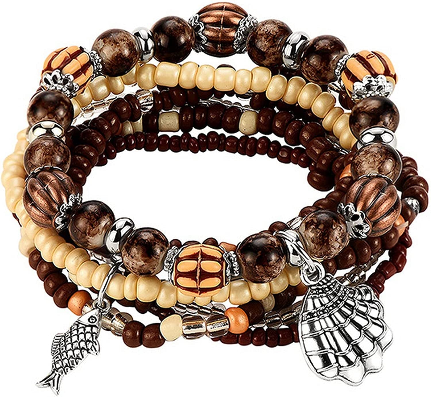 Mengpa Stackable Beaded Bracelets for Women Girls Bohemian Layering Strand Statement Jewelry Apparel & Accessories > Jewelry > Bracelets MengPa Brown  