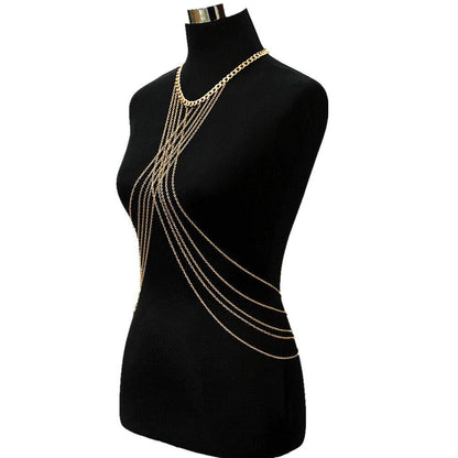 Bomine Harness Body Chain Bra Crossover Sexy Body Jewelry Bikini Chains Necklace for Women and Girls (Gold) Apparel & Accessories > Jewelry > Body Jewelry Bomine   