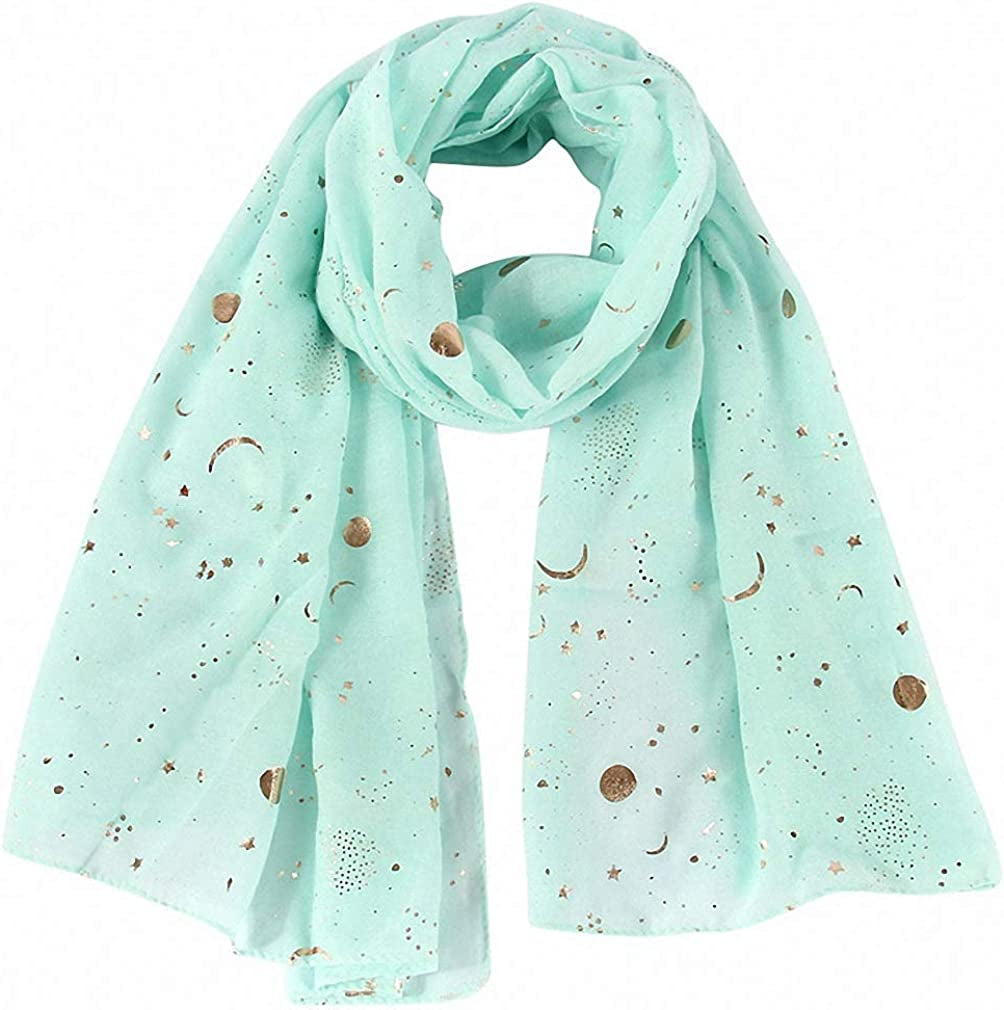 Tinpia Fashion Scarf for Women, Lightweight Colorful Shawl with Star Moon Pattern for Girls Ladies Women Apparel & Accessories > Clothing Accessories > Scarves & Shawls Tinpia Mint One Size 