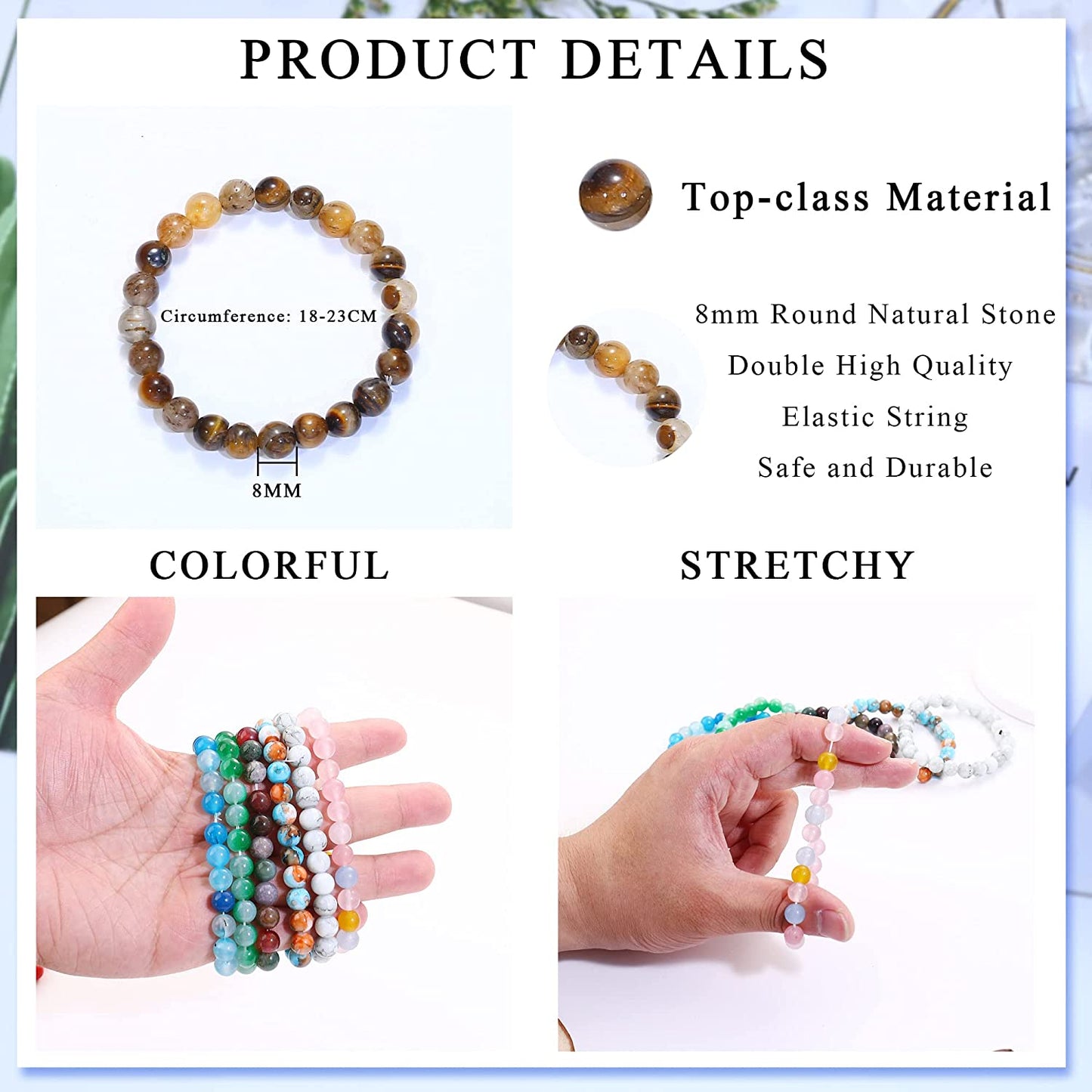 Jerywe 12 Pcs 8Mm Beaded Bracelets for Women Men Natural Stone Stackable Bracelet Charm Beaded Healing Crystal Stretch Bracelets Jewelry Apparel & Accessories > Jewelry > Bracelets JeryWe   