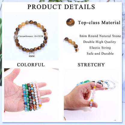 Jerywe 12 Pcs 8Mm Beaded Bracelets for Women Men Natural Stone Stackable Bracelet Charm Beaded Healing Crystal Stretch Bracelets Jewelry Apparel & Accessories > Jewelry > Bracelets JeryWe   