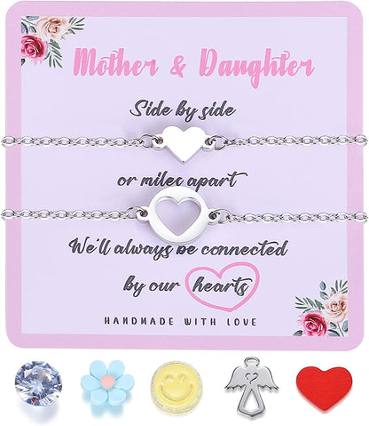 SAM & LORI Unique Matching Bracelets for Best Friends Couples Mother Daughter Son Dad Sisters Brothers-Unisex Adjustable Bracelets- Comes with Cards in Giftable Packing Apparel & Accessories > Jewelry > Bracelets SAM & LORI 1-Mother Daughter - Silver-2 Matching Hearts  