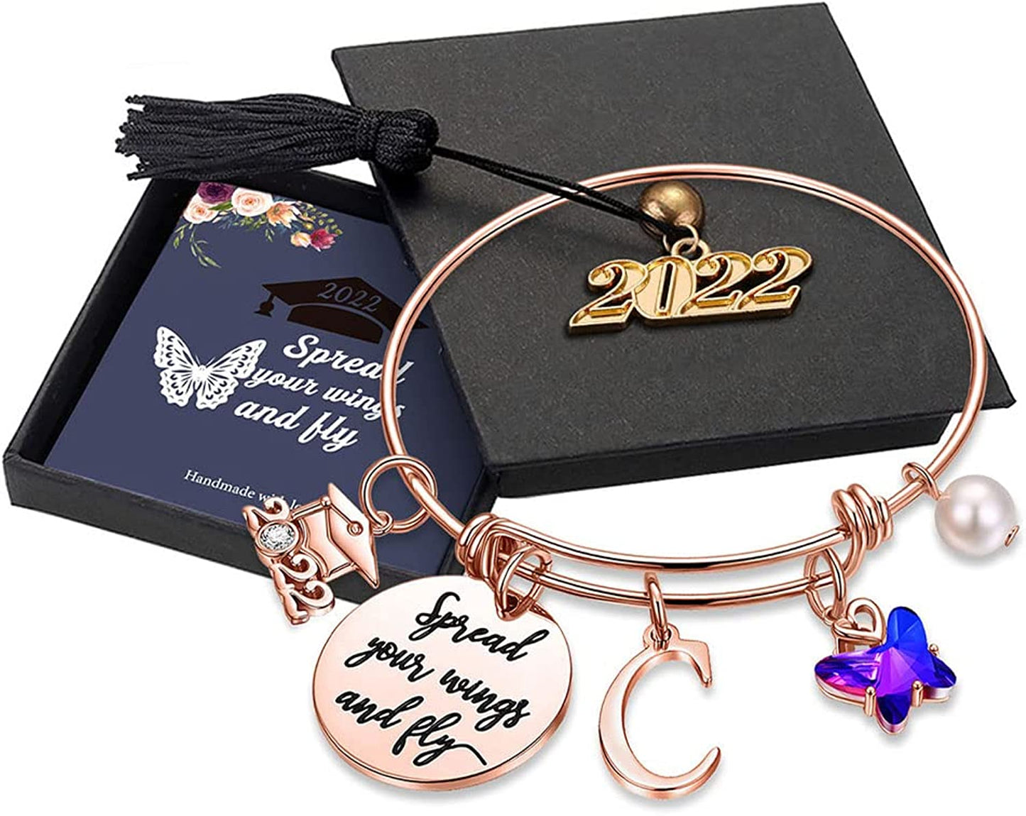 Graduation Gifts for Her 2022 Butterfly Bracelet,Inspirational Bangle with 2022 Graduation Grad Cap Mantra Quote Spread Your Wings and Fly Graduation Bracelet College Graduation Gifts for Her 2022 Apparel & Accessories > Jewelry > Bracelets Turandoss C - Rose Gold  