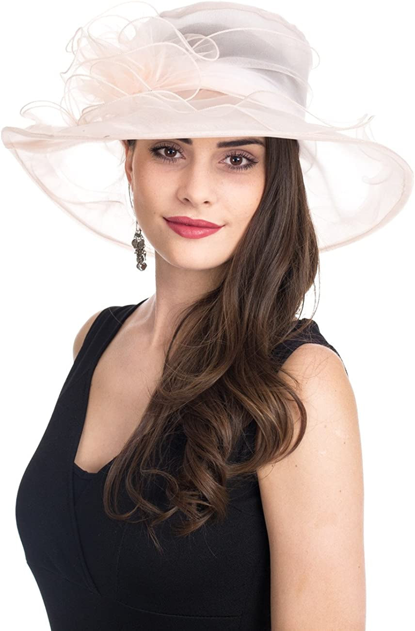 Lucky Leaf Women Kentucky Derby Church Cap Wide Brim Summer Sun Hat for Party Wedding Apparel & Accessories > Clothing Accessories > Headwear Lucky Leaf Beige  