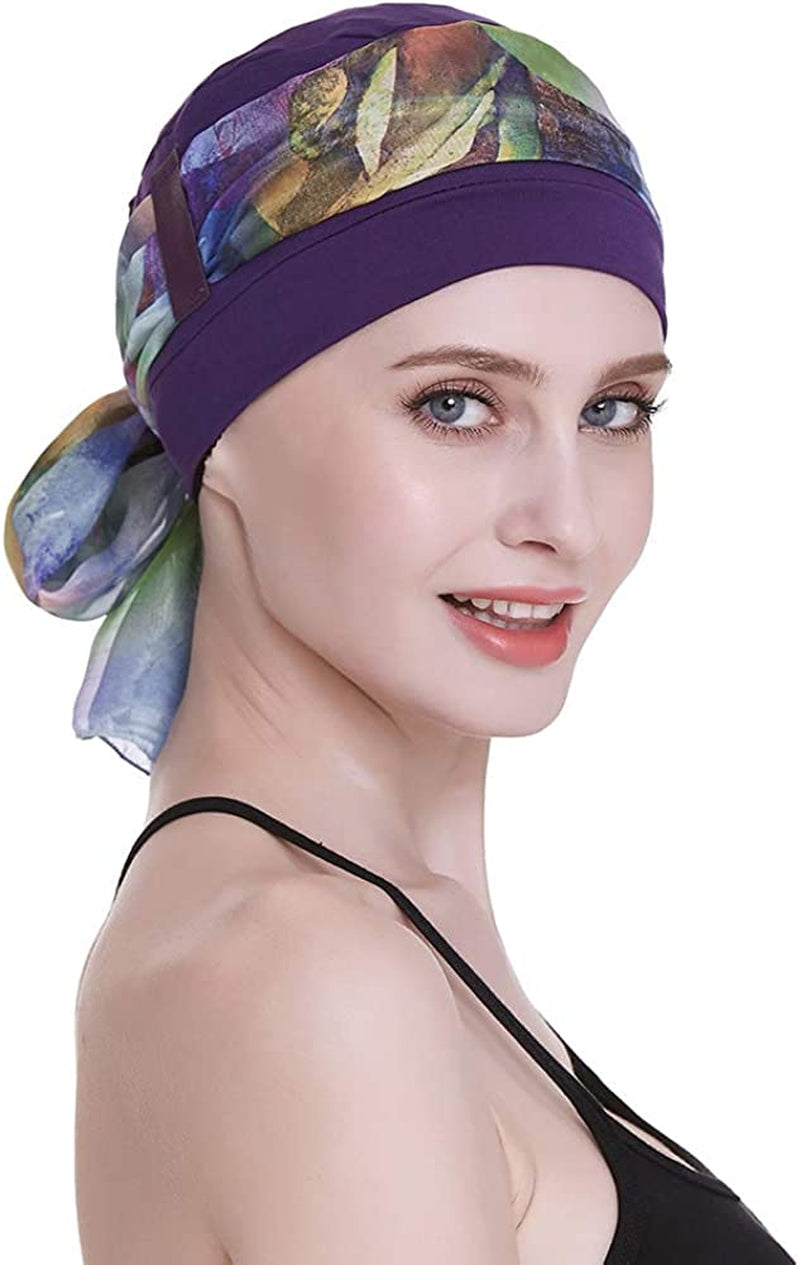 Elegant Chemo Cap with Silky Scarfs for Cancer Women Hair Loss Sleep Beanie Apparel & Accessories > Clothing Accessories > Headwear FocusCare Purple  