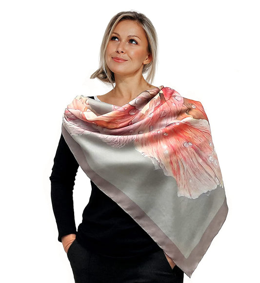 Designer Square Silk Scarf for Women Hand Painted and Printed Grey Shawl with Pink Rose Unique by Edgalart Apparel & Accessories > Clothing Accessories > Scarves & Shawls Generic   