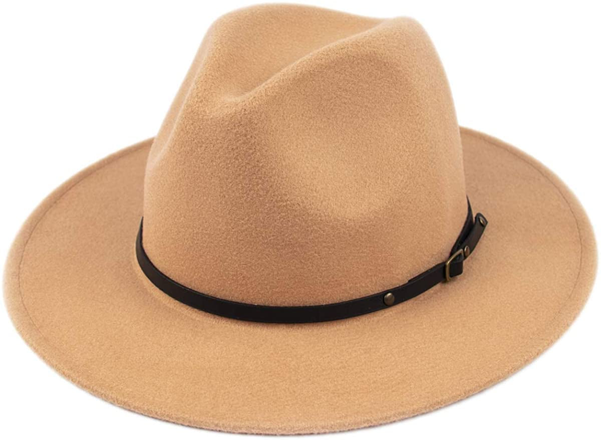 Lanzom Womens Classic Wide Brim Floppy Panama Hat Belt Buckle Wool Fedora Hat Apparel & Accessories > Clothing Accessories > Hats Lanzom Camel One Size 