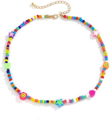 Boho Smiley Layered Beaded Necklaces with Strand Bracelet, Smile Face Star Fruits Flowers Heart Shape Beads Pearl Stackable Collar Necklace Anklet for Women Girls Vsco Summer Beach Trip Apparel & Accessories > Jewelry > Anklets Bincon D beads  