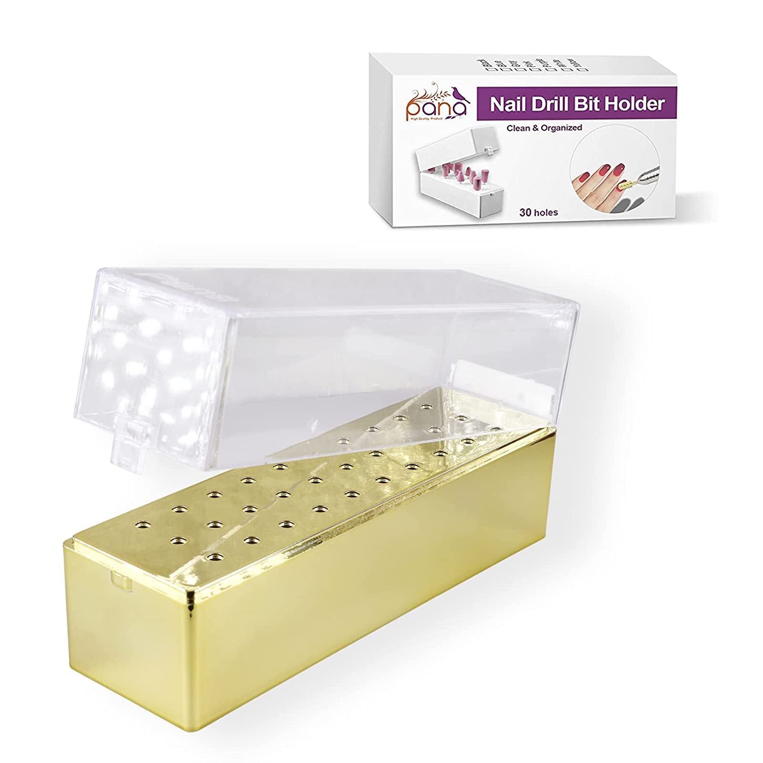 PANA Nail Drill Bit Holder Stand Display Organizer- Dust Proof Storage Container Box Case Tools for Home Use or Nail Salon - (48 Holes, Silver) Health & Beauty > Personal Care > Cosmetics > Cosmetic Tools > Nail Tools PANA Gold 30 Holes (Rectangle) 
