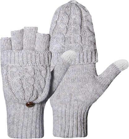 Winter Gloves Warm Wool Knit Flip Fingerless Gloves Mittens for Women Gifts Apparel & Accessories > Clothing Accessories > Gloves & Mittens Loritta F- Gray  