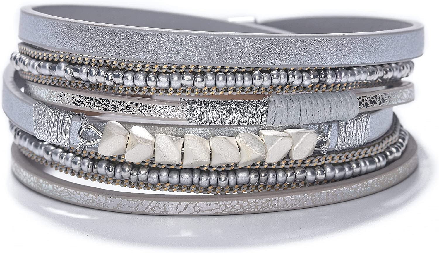 Fesciory Leather Wrap Bracelet for Women, Leopard Multi-Layer Magnetic Buckle Cuff Bracelet Jewelry Apparel & Accessories > Jewelry > Bracelets Fesciory B36-Seed Bead(Silver)  